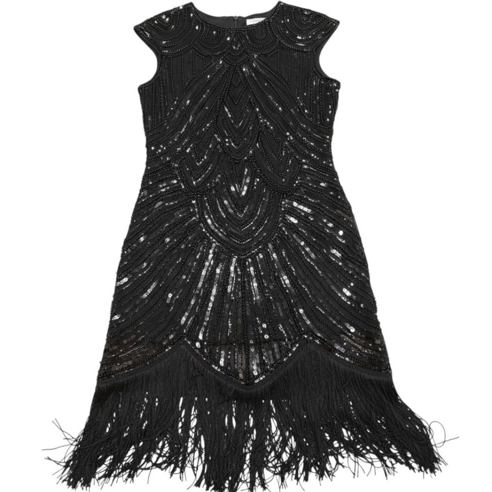 Black Beaded Sequin Flapper Dress Fringe Hem Gatsby Style Cocktail Dress